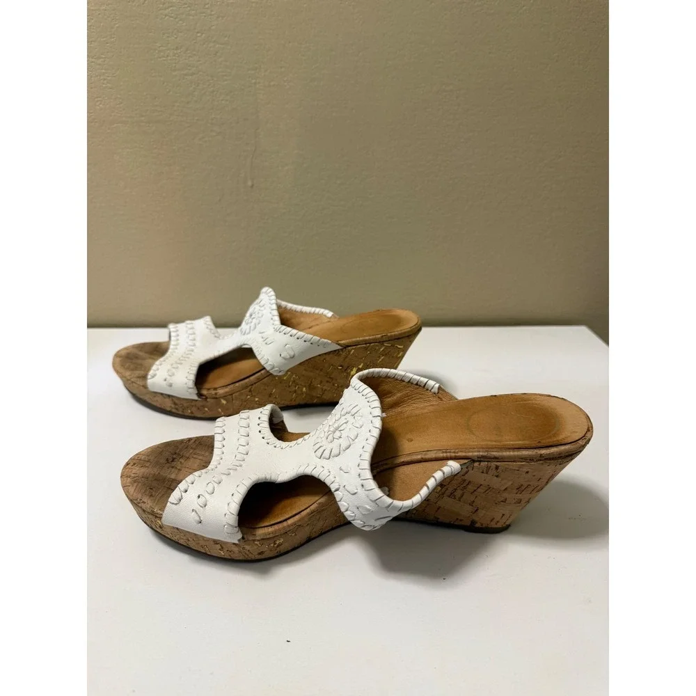 Jack Rogers Womens White Leather Whipstitch Cork Wedge Sandals Gold Fleck 8.5M